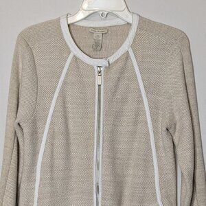 WHITE + WARREN Beige Thermal Weave Full Zip Jacket; Faux Leather Trim; Size M